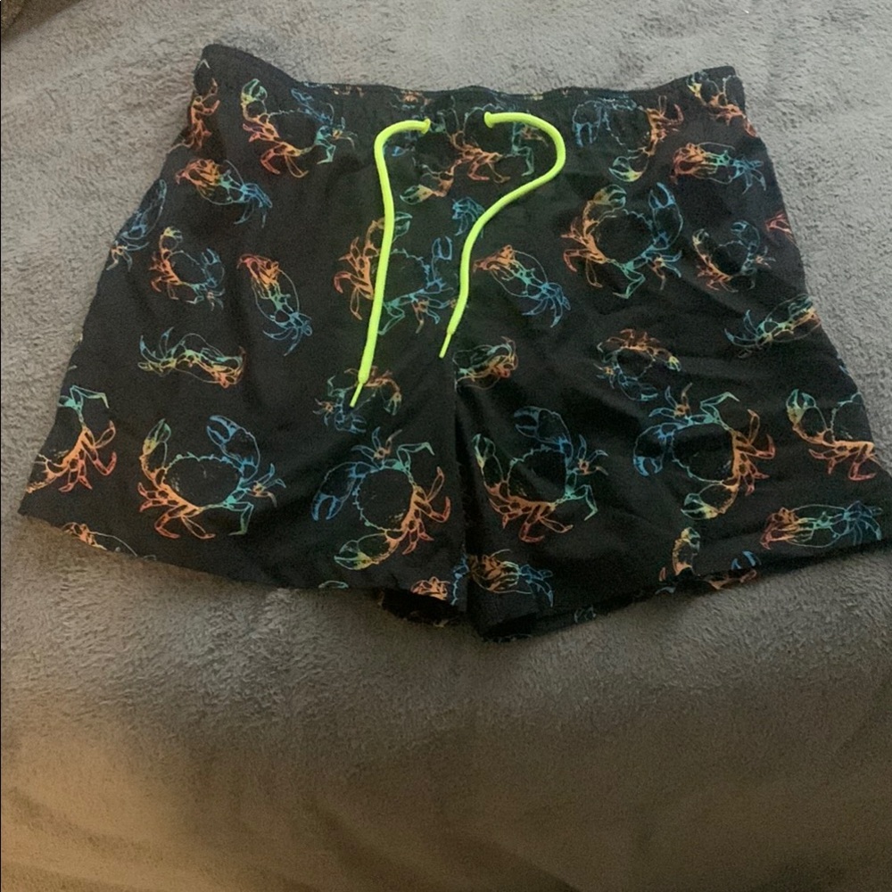 Crab Pattern Swim Shorts with Neon Drawstring